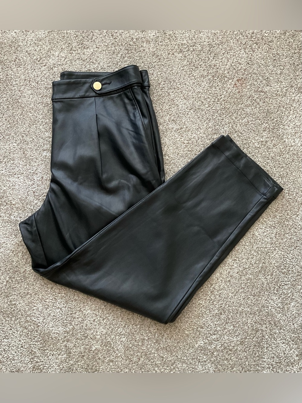 LOFT Black Faux Leather Pants with Gold Button